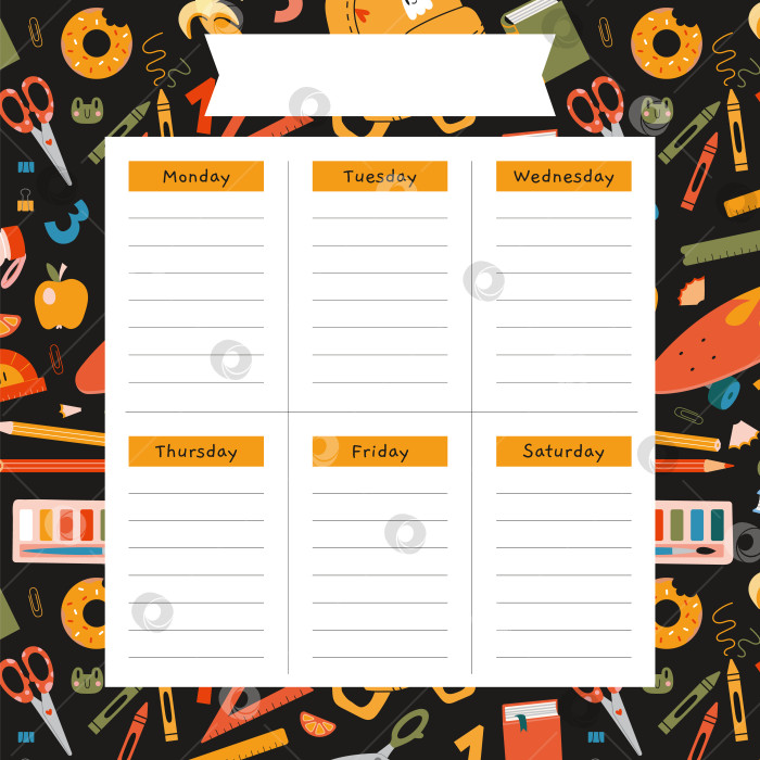 Скачать Симпатичный фоновый шаблон еженедельного планировщика со школьными канцелярскими принадлежностями фотосток Ozero
