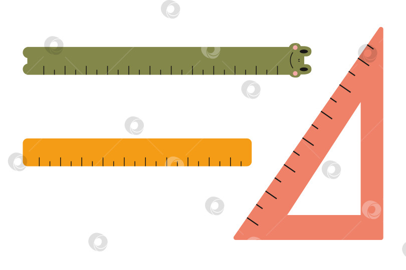 Скачать Линейка, треугольная линейка для школы, мультяшный стиль. Милые канцелярские принадлежности фотосток Ozero