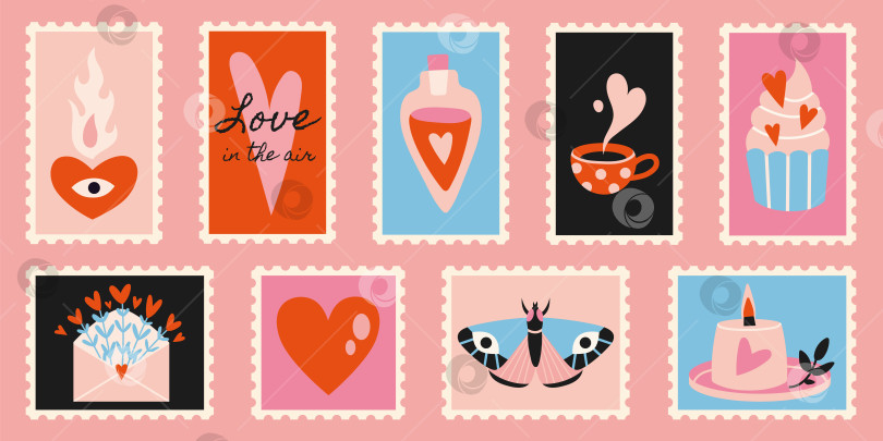 Скачать Набор симпатичных нарисованных от руки почтовых марок с Днем Святого Валентина, обожаю фотосток Ozero