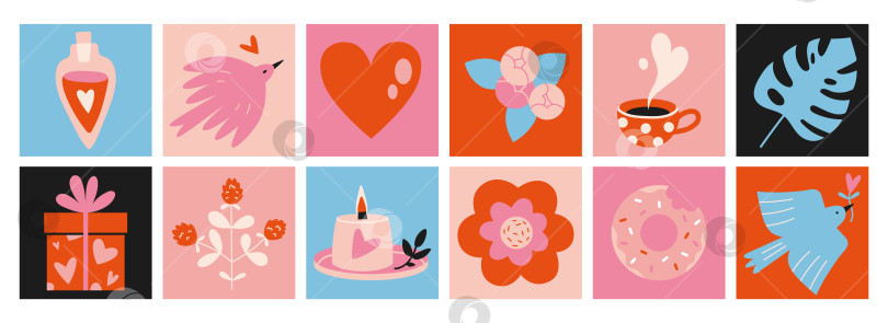 Скачать Набор романтических предметов, таких как сердце, голубь, свеча и подарок. Квадратный фотосток Ozero