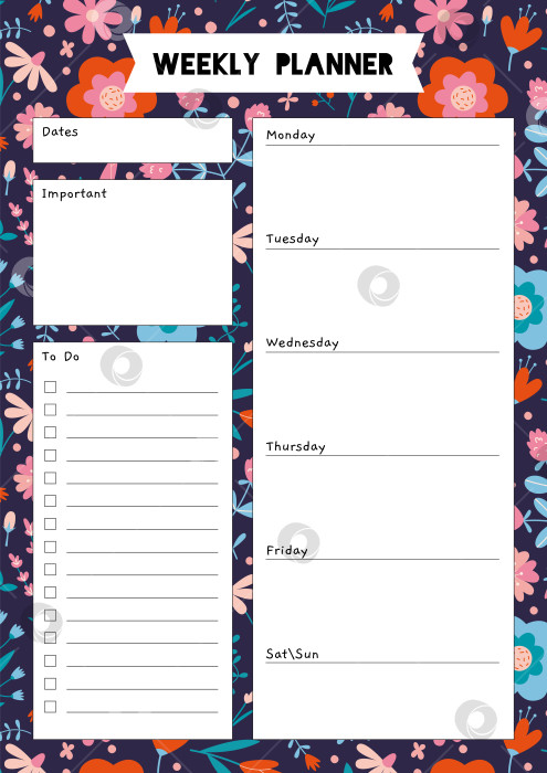 Скачать Симпатичный шаблон еженедельного планировщика, список дел, с весенней атмосферой и фотосток Ozero