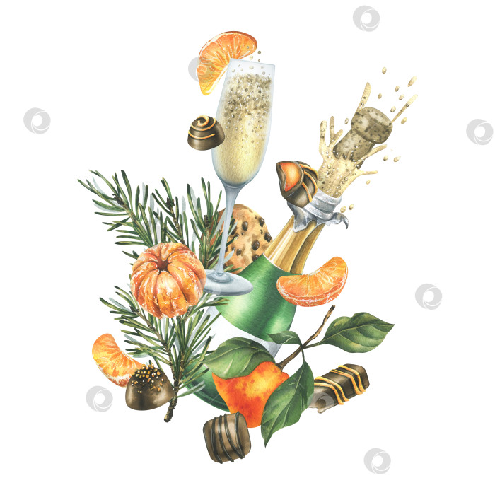 Скачать Рождественская коллекция с левитирующими мандаринами, сладостями, специями, шампанским и растениями. Акварельная иллюстрация, нарисованная от руки для праздничного декора. Изолированная композиция на белом фоне фотосток Ozero