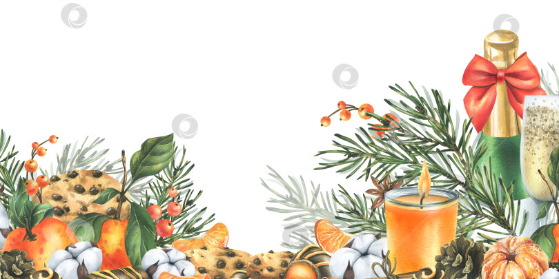 Скачать Рождественский декор с мандаринами, шампанским, сладостями и сосновыми ветками. Акварельная иллюстрация, нарисованная от руки. Для поздравлений и праздника. Горизонтальная рамка на белом фоне. фотосток Ozero