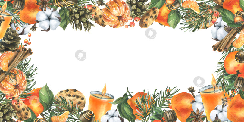 Скачать Мандарины с хлопком, сосновыми ветками и шишками, сладостями, свечой и специями. Акварельная иллюстрация, нарисованная от руки для рождественского декора. Горизонтальная прямоугольная рамка на белом фоне. фотосток Ozero