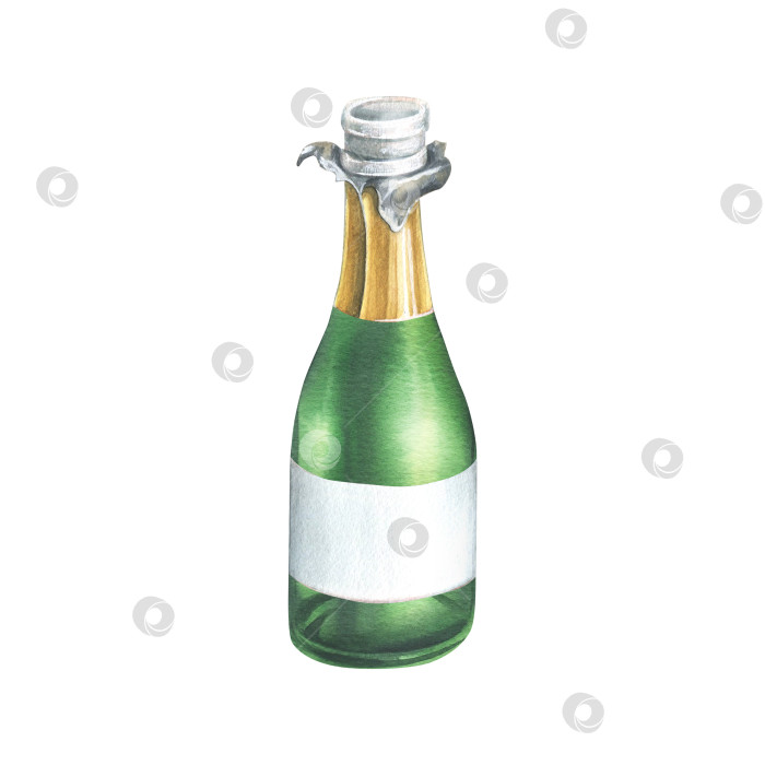 Скачать Открытая зеленая бутылка с шампанским, золотистая обертка и пустая белая этикетка. Акварельная иллюстрация, нарисованная от руки. Изолированный объект на белом фоне. фотосток Ozero