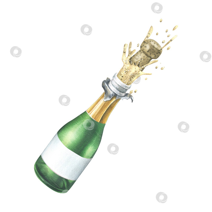 Скачать Стеклянная бутылка с шампанским вылетает вместе с пробкой, брызгами и пузырьками. Акварельная иллюстрация, нарисованная от руки. Изолированный элемент на белом фоне. фотосток Ozero
