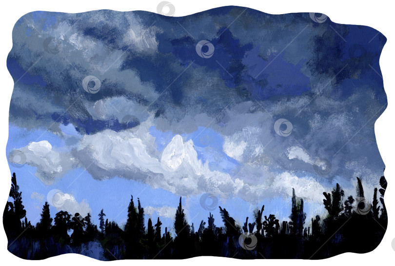 Скачать Пейзаж с небом и облаками над силуэтом леса. перед бурей. Разные оттенки синего с черными деревьями. Иллюстрация нарисована от руки красками на холсте. фотосток Ozero