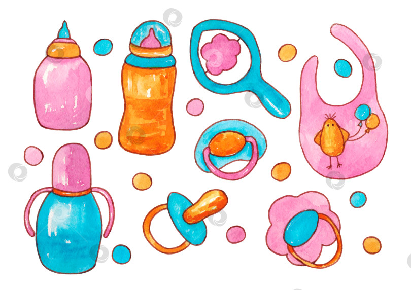 Скачать Набор вещей для новорожденных. Детские бутылочки, соски, погремушка и нагрудник, изолированные на белом фоне. фотосток Ozero
