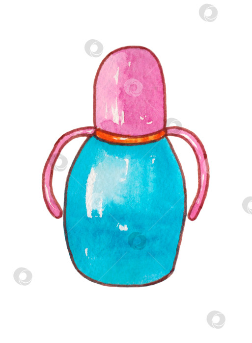 Скачать Голубая бутылочка для новорожденных. Детская бутылочка, выделенная на белом фоне. Товары для детей. Иллюстрация выполнена вручную акварелью. фотосток Ozero