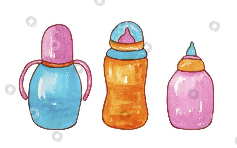 Скачать Набор бутылочек для новорожденных. Детские бутылочки, выделенные на белом фоне. Товары для детей. Голубые, розовые и оранжевые бутылочки для новорожденных. Иллюстрация выполнена вручную акварелью. фотосток Ozero