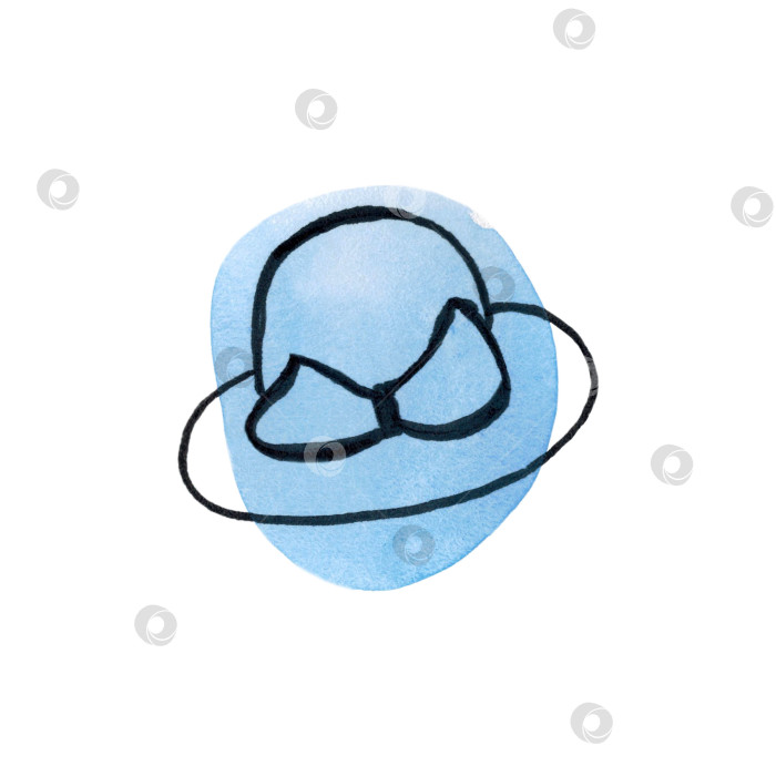 Скачать Элегантная женская шляпка с бантом. Иллюстрация выполнена контурной линией на акварельном синем пятне. фотосток Ozero