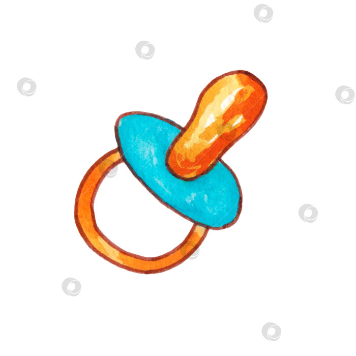 Скачать Детская соска-пустышка, выделенная на белом фоне. Изделие для новорожденных. Иллюстрация выполнена акварелью от руки. фотосток Ozero