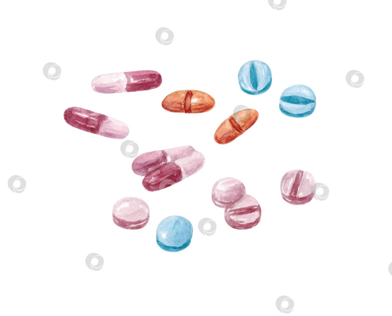 Скачать Медицинские таблетки, выделенные на белом фоне. Розовые, голубые и оранжевые таблетки и капсулы в больших объемах. Иллюстрация выполнена вручную акварелью. фотосток Ozero