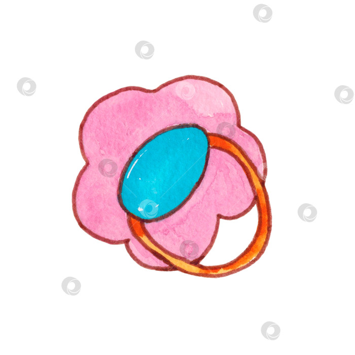 Скачать Детская соска-пустышка в виде цветка, выделяющегося на белом фоне. Изделие для новорожденных. Иллюстрация выполнена вручную акварелью. фотосток Ozero