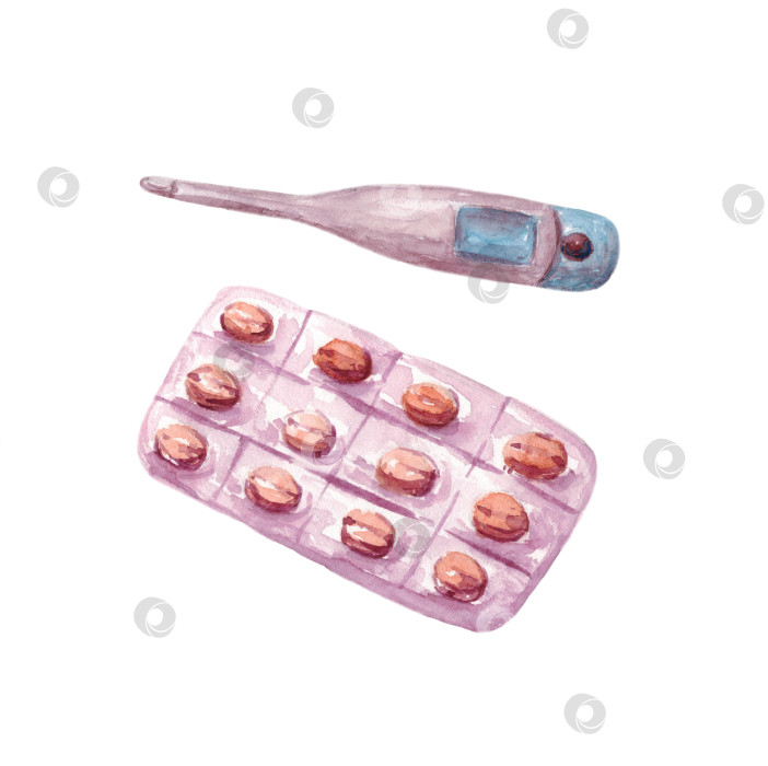 Скачать Медицинские таблетки, выделенные на белом фоне. Таблетки в баночке. Розовые таблетки в синей баночке. Иллюстрация выполнена вручную акварелью. фотосток Ozero