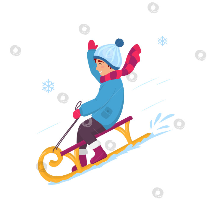 Скачать Счастливый мальчик катается на санках зимой фотосток Ozero