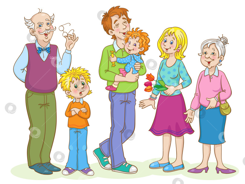 Скачать Дружная семья. Мама, папа с маленькой дочкой, сын, бабушка и дедушка. фотосток Ozero