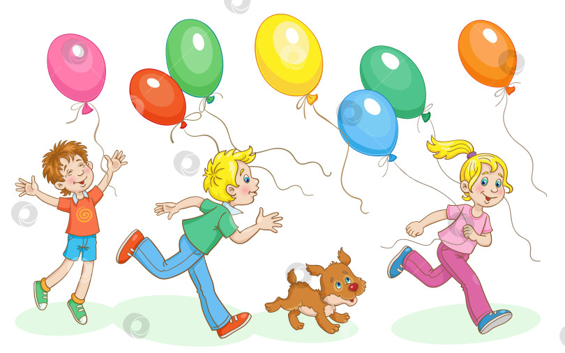 Скачать Дети и маленькая собачка бегут за разноцветными воздушными шарами. фотосток Ozero