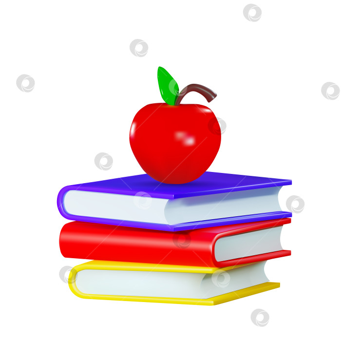 Скачать Изображение красного яблока со стопкой книг. Концепция обучения. Векторная иллюстрация в стиле 3d, изолированная на белом фоне фотосток Ozero