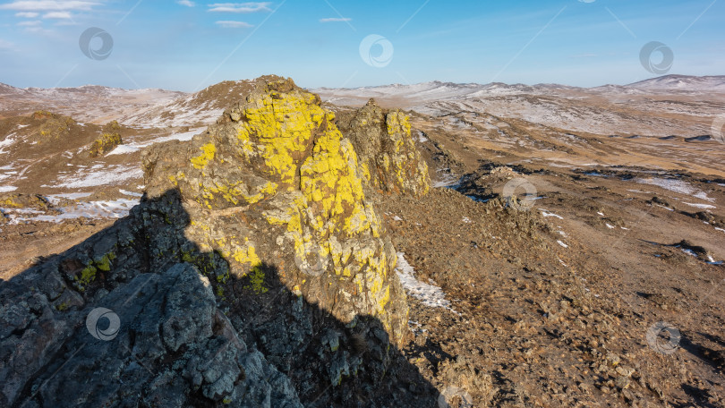 Скачать На потрескавшихся склонах утеса растут желтые лишайники. фотосток Ozero