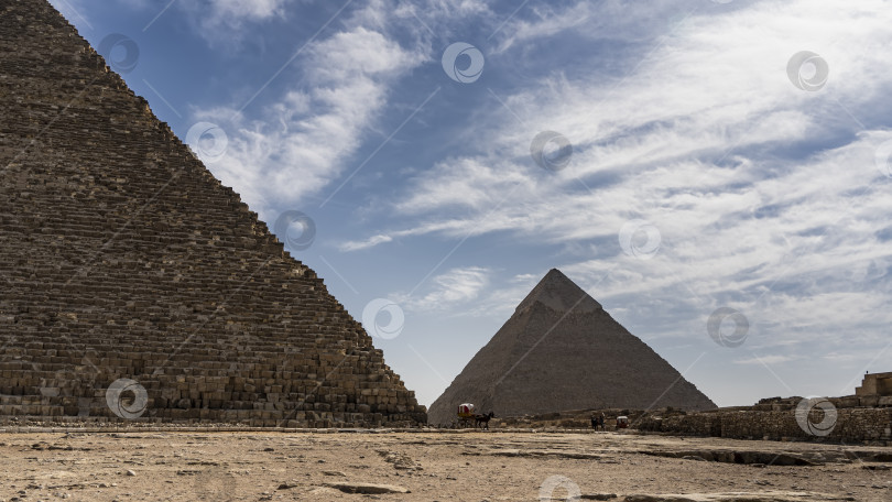 Скачать Две великие пирамиды Гизы - Хеопса и Хефрена на фоне голубого неба и облаков. фотосток Ozero