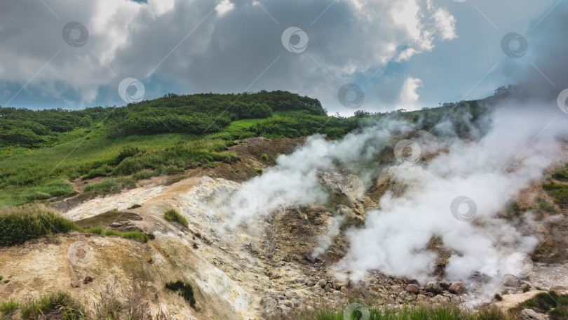 Скачать В долине горячих источников на почве видны отложения серы. фотосток Ozero