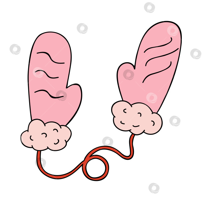 Скачать Варежка ручной работы розового и красного цветов с мехом и шнурком. Рождественский знак Hygge для наклеек, планировщиков, элементов скрапбукинга, социальных сетей. Векторная иллюстрация с нарисованным от руки контуром, выделенным на заднем плане. фотосток Ozero