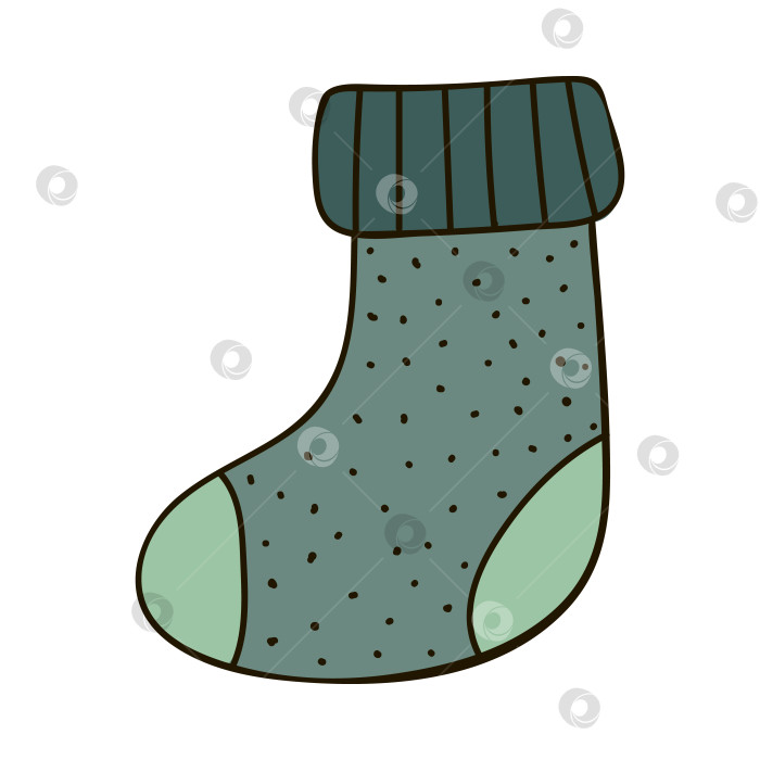 Скачать Теплый вязаный носок ручной работы с милым декором в зеленых тонах. Рождество, зимняя вывеска, уютный клипарт. Векторная иллюстрация с нарисованным от руки контуром, выделенным на заднем плане. Для поделок из бумаги - наклейка. фотосток Ozero