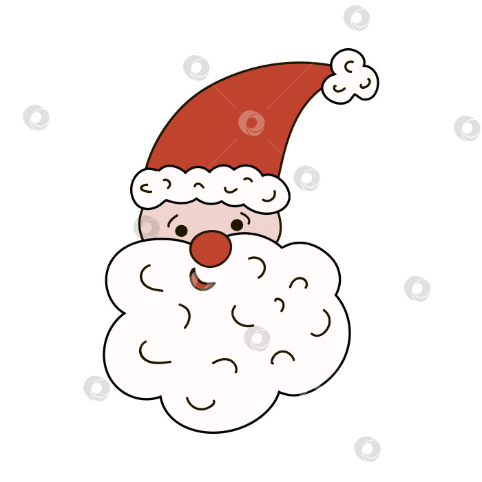 Скачать Рождественский вектор улыбающегося Санта-Клауса в шапке с мехом, большой вьющейся бородой. Лицо крупным планом. Рождественская вывеска, уютный клипарт. Симпатичная иллюстрация с нарисованным от руки контуром каракулей, выделенным на заднем плане. фотосток Ozero