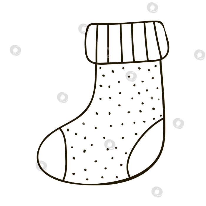 Скачать Теплый вязаный носок ручной работы с милым декором в стиле каракули. Рождество, зимняя вывеска, уютный клипарт. Векторная иллюстрация с нарисованным от руки контуром, выделенным на заднем плане. Для поделок из бумаги - наклейка. фотосток Ozero