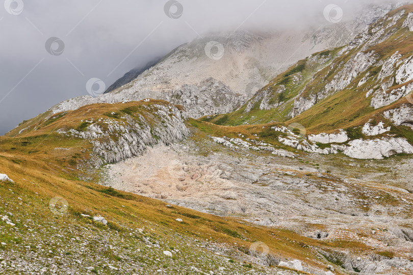 Скачать альпийский травянистый туманный пейзаж с каменными полями на месте фотосток Ozero