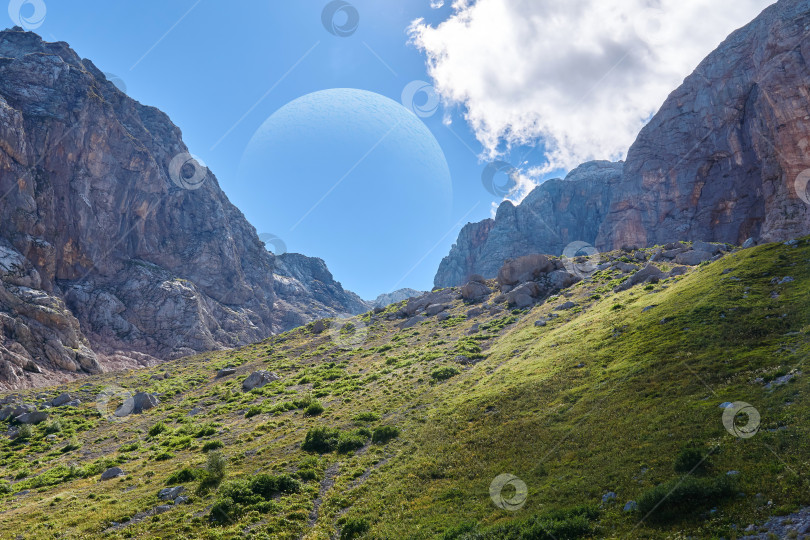 Скачать вымышленный пейзаж какой-то похожей на землю экзопланеты с огромным спутником фотосток Ozero