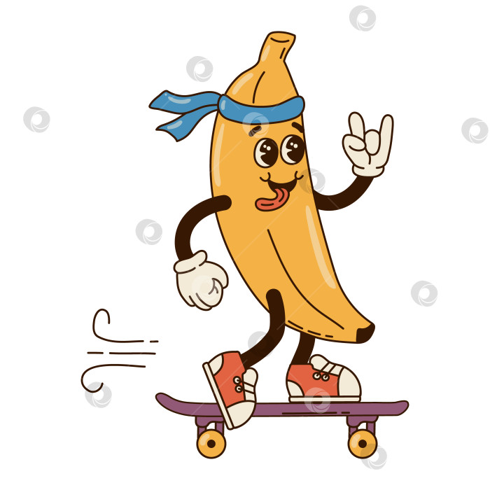 Скачать Изолированный заводной персонаж банан в перчатках на скейтборде в плоском ретро-классическом мультяшном стиле на белом фоне. Иллюстрация для вашего дизайна, печати, открытки, плаката, наклеек фотосток Ozero