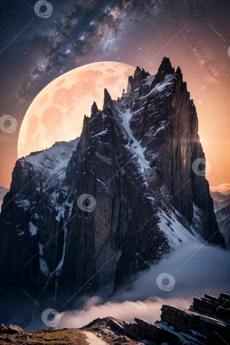Скачать Полная луна поднимается над горной вершиной в облаках фотосток Ozero