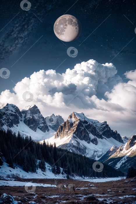 Скачать Олени на фоне горного пейзажа с полной луной на заднем плане фотосток Ozero