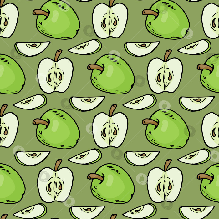 Скачать Бесшовный узор с вкусными яблоками на зеленом фоне. Векторное изображение. фотосток Ozero
