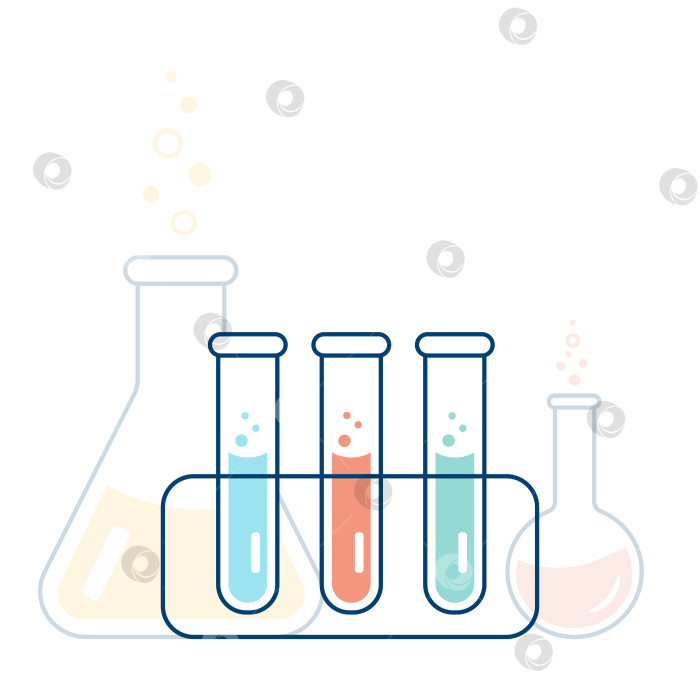 Скачать Колбы с круглым и плоскодонным дном, пробирки с растворами и реактивами. Химическая реакция. фотосток Ozero