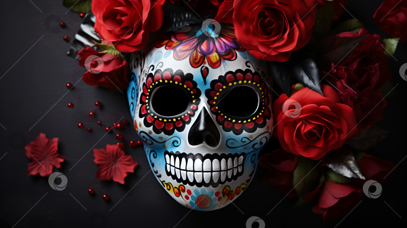 Скачать День мертвых на темном фоне с традиционным черепом и темно-красными розами. Праздничный баннер с маской черепа диа де лос муэртос для открытки, плаката, веб-сайта, поздравительного приглашения. Пространство для копирования. Искусственный интеллект фотосток Ozero