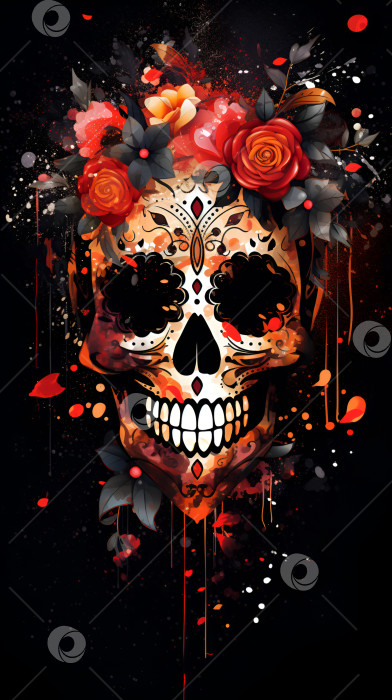 Скачать Традиционный череп "День мертвых" с цветными вкраплениями на черном фоне, эбру. Череп Диа-де-лос-муэртос. Праздничный вертикальный баннер, созданный для открытки, плаката, веб-сайта, поздравительного приглашения. Искусственный интеллект фотосток Ozero