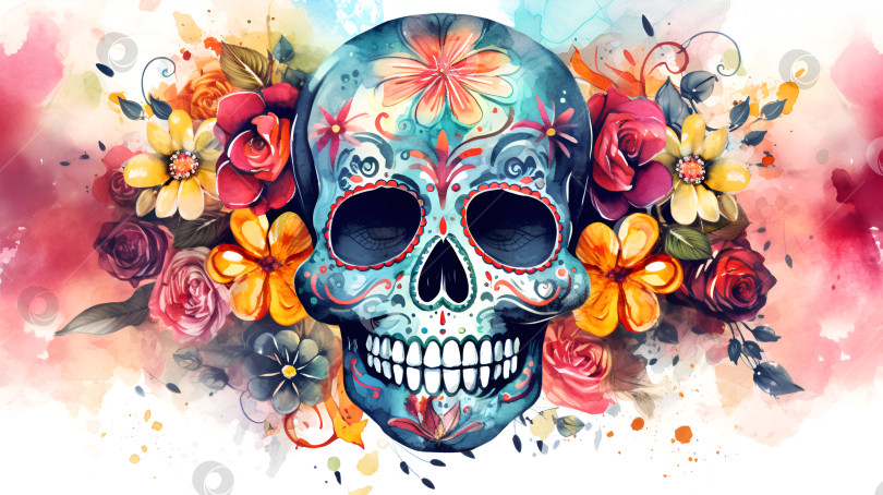 Скачать Акварельный череп "День мертвых". Акварельный череп Диа-де-лос-муэртос с цветами на белом фоне. Праздничный баннер с черепом, созданный для открытки, плаката, веб-сайта, поздравительного приглашения. Искусственный интеллект фотосток Ozero