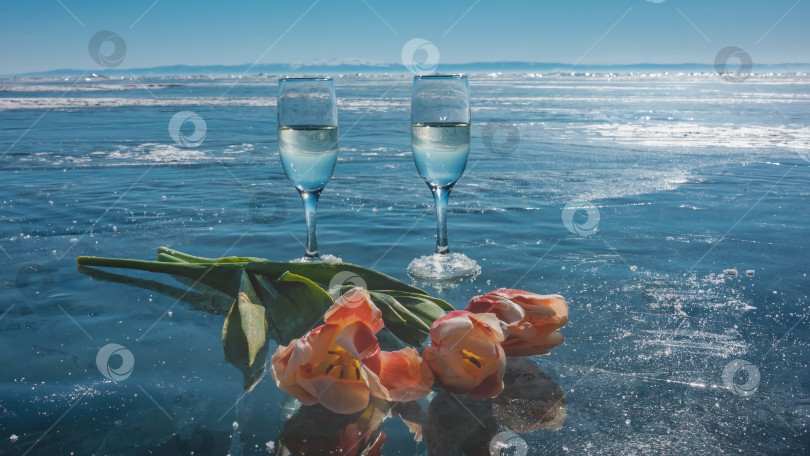 Скачать Два бокала шампанского стоят на бескрайнем замерзшем озере Байкал. фотосток Ozero