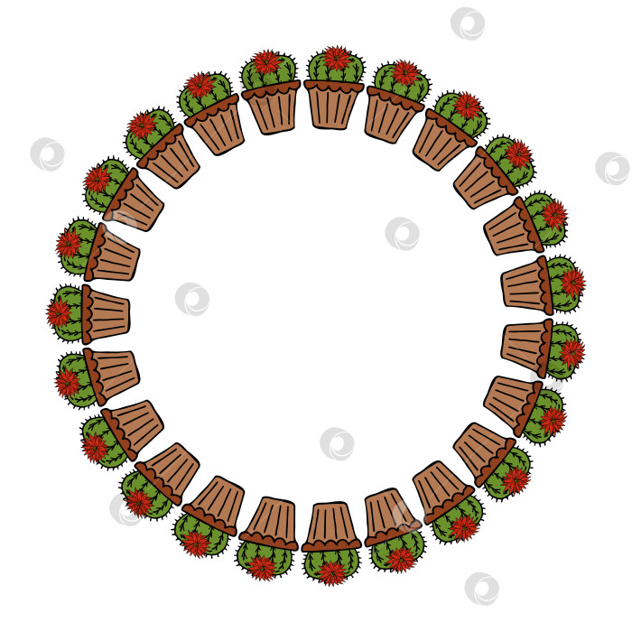 Скачать Круглая рамка из кактусов и цветов в цветочных горшках на белом фоне. Стиль каракулей. Векторное изображение. фотосток Ozero
