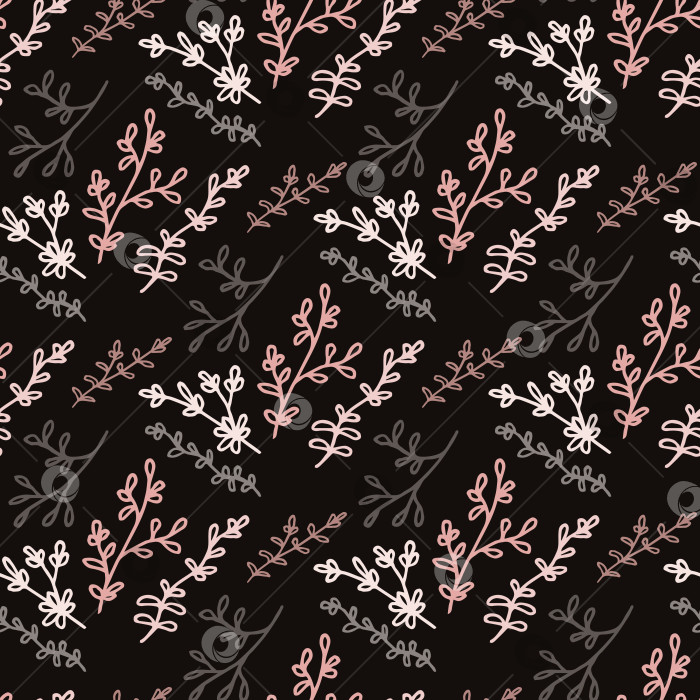Скачать Бесшовный узор с розовыми, белыми и серыми ветвями на черном фоне. Векторное изображение. фотосток Ozero