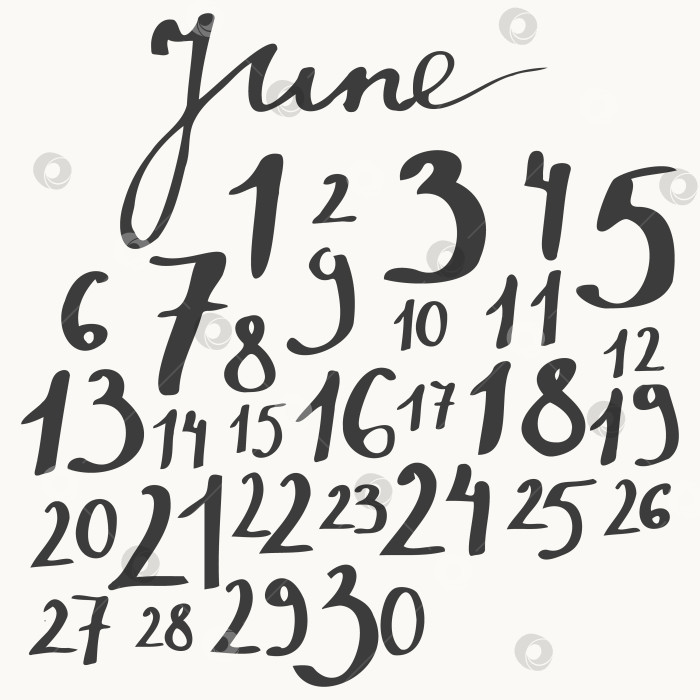 Скачать Июньский календарь с каллиграфическим названием месяца, неровными цифрами. фотосток Ozero
