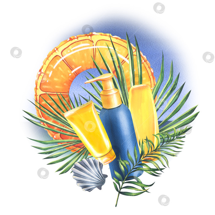 Скачать Тюбики для косметики, солнцезащитный крем на фоне тропических листьев с надувным кругом с оранжевым принтом, с ракушкой на синем. Акварельная иллюстрация из коллекции "ПЛЯЖНЫЙ отдых". фотосток Ozero