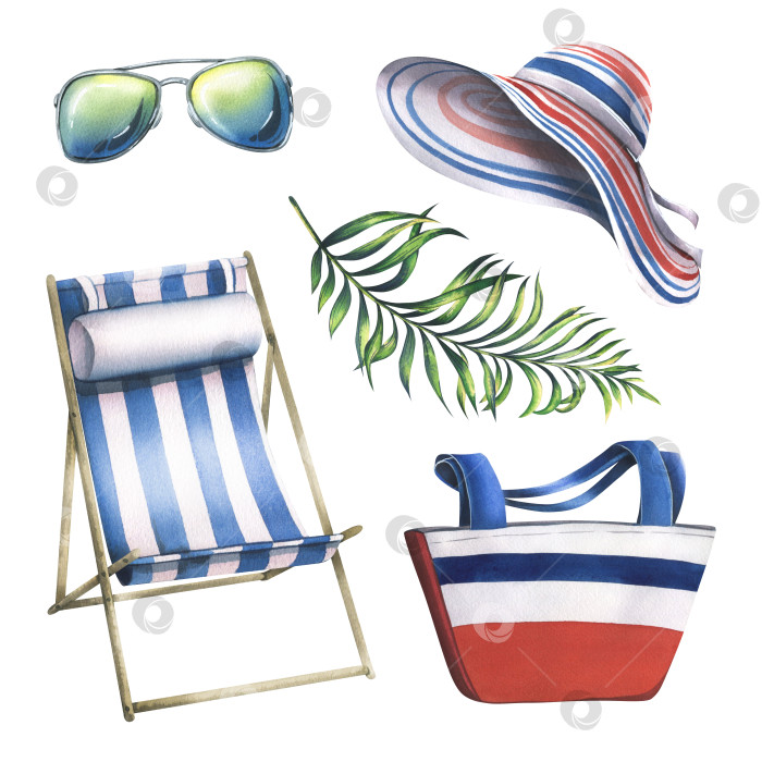 Скачать Набор пляжных аксессуаров, головные уборы, сумка, шезлонг, солнцезащитные очки и пальмовая ветвь. Акварельная иллюстрация, нарисованная от руки. Клипарт с изолированными объектами на белом фоне. На лето. фотосток Ozero