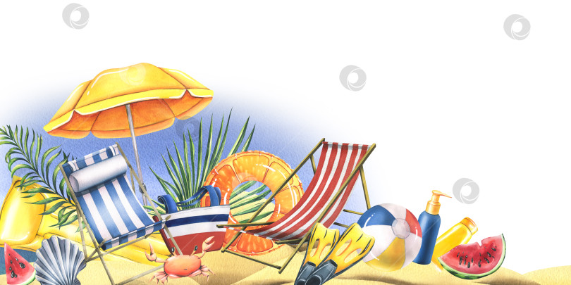 Скачать Морской пляж с шезлонгами, надувными игрушками, зонтиком от солнца, тропическими пальмовыми листьями. Акварельная иллюстрация, нарисованная от руки. Шаблон на белом фоне для приглашений, открыток, плакатов, пляжных и летних. фотосток Ozero