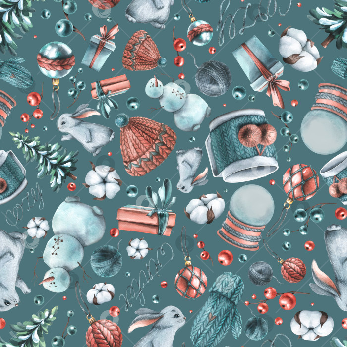 Скачать Зимний бесшовный узор на сером фоне с рождественскими елками, зайцами, снеговиками, вязаной одеждой. Акварельная иллюстрация из большого набора "УЮТНАЯ зима". Для текстиля, тканей, обоев, упаковки фотосток Ozero