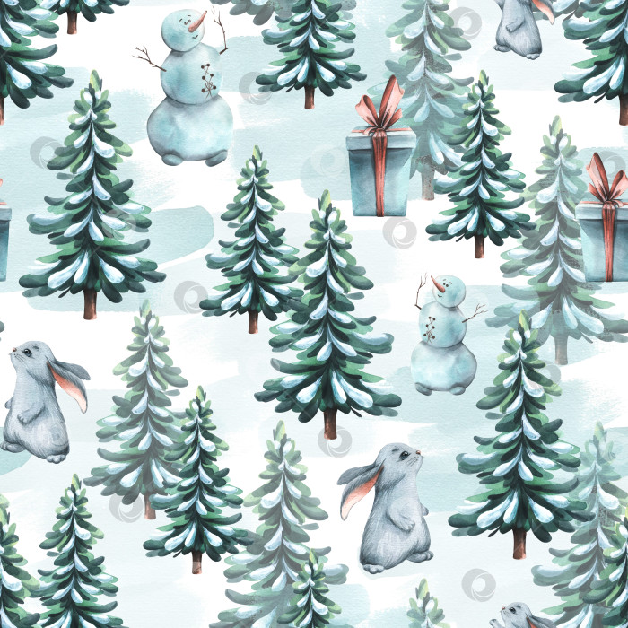Скачать Зимний бесшовный узор на белом фоне с рождественскими елками, зайцами, снеговиками, подарками. Акварельная иллюстрация из большого набора "УЮТНАЯ зима". Для текстиля, тканей, обоев, упаковочной бумаги. фотосток Ozero