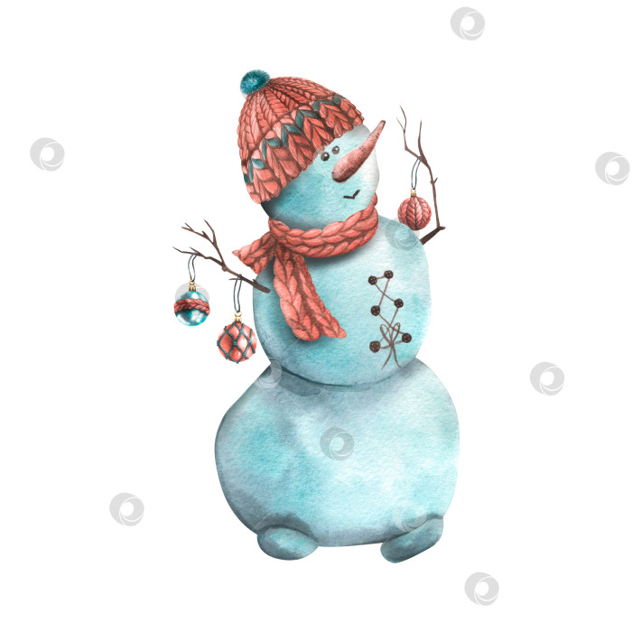 Скачать Снеговик в вязаной шапочке, шарфе с елочными шарами на ветках, игрушками на белом фоне. Акварельная иллюстрация. Самый изолированный из большого набора УЮТНЫХ ЗИМНИХ фотосток Ozero